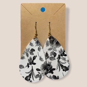 Black White Grey Floral Teardrop Dangle Earrings